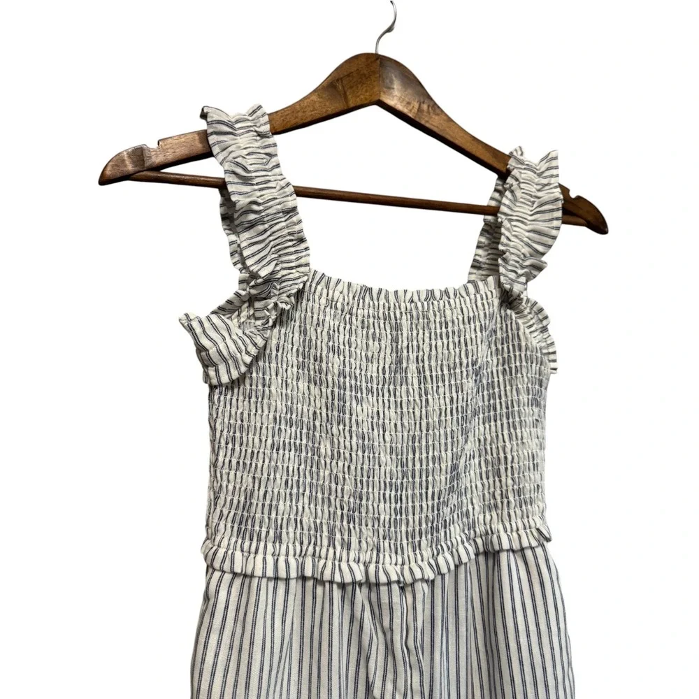Old Navy Jumpsuit Girls L 10-12 Blue White Striped Smocked Ruffle Excellent
